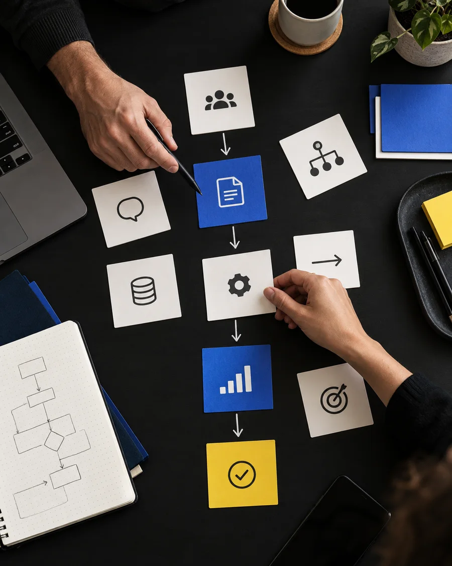 A team mapping a business workflow before recommending improvements
