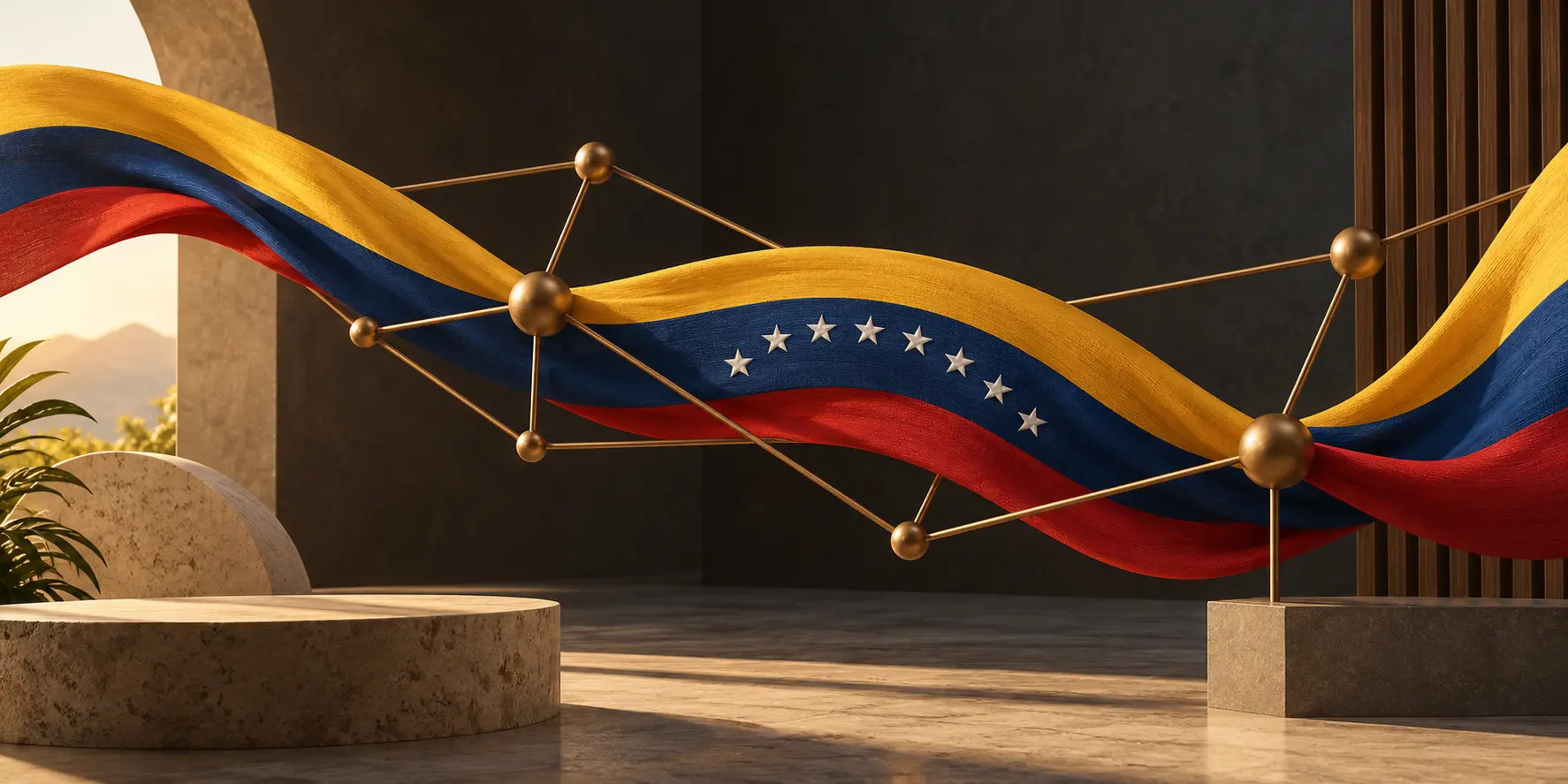 Venezuelan tricolor woven through a connected structure representing dependable digital infrastructure